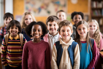 Classroom Harmony: Group of Elementary School Students Standing Together, Creating a Positive Atmosphere of Learning and Friendship