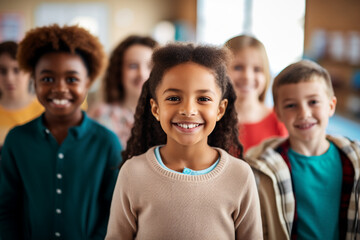 Classroom Harmony: Group of Elementary School Students Standing Together, Creating a Positive Atmosphere of Learning and Friendship