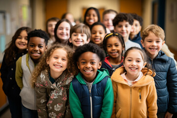 Fototapeta premium Classroom Harmony: Group of Elementary School Students Standing Together, Creating a Positive Atmosphere of Learning and Friendship