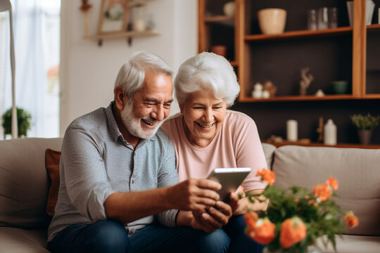 Virtual Togetherness: Happy Senior Couple Embracing Technology, Sharing Smiles and Love During a Heartwarming Video Call at Home