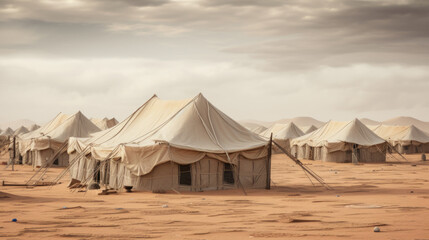 Camp of tents in the desert. Sand landscape.