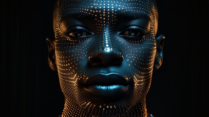 Male black face with matrix digital numbers, dots, connections. Digital screen with a virtual reality man. Robotic wired head