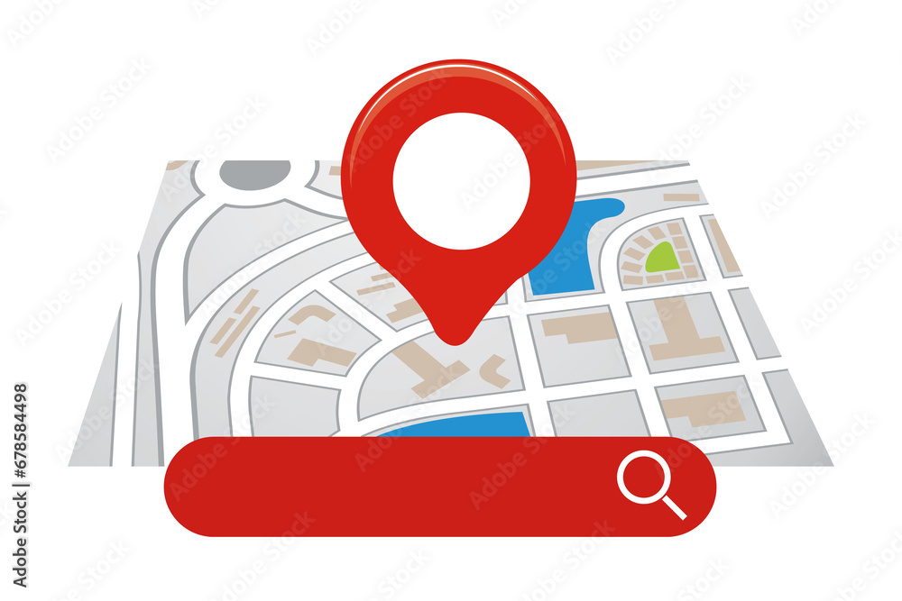 Poster location folded paper map, search bar and pin isolated. blue gps pointer marker icon. gps and naviga