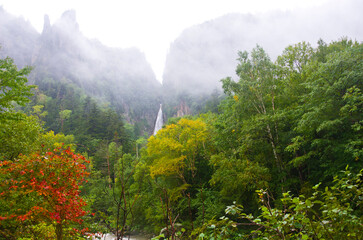 Ginga falls and Ryusei falls in Sounkyo onsen , Hokkaido, Japan.