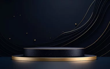 Fotobehang Abstract 3D black cylinder pedestal podium with golden glitter and wavy layers in circle window. Luxury dark minimal wall scene for product display presentation © candyhalls
