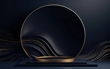 Abstract 3D black cylinder pedestal podium with golden glitter and wavy layers in circle window. Luxury dark minimal wall scene for product display presentation