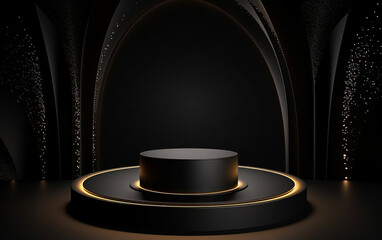 Abstract 3D black cylinder pedestal podium with golden glitter and wavy layers in circle window. Luxury dark minimal wall scene for product display presentation