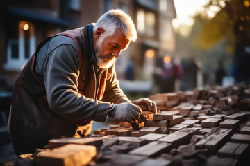 Man is working on brick wall with pair of gloves.