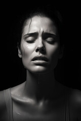 Woman with tears on her face and black background.