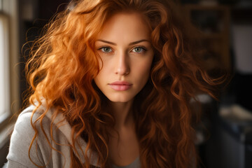 Woman with red hair and blue eyes looking at the camera.
