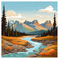 Serenity in the West: Vector Illustration of Canadian Landscape with Cell-Shaded Minimal Design