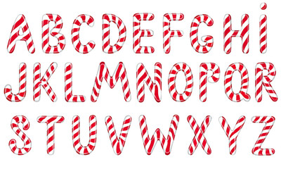 English alphabet made of candy canes on white background