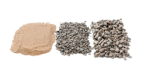 Raw construction materials, pile of sand and gravel or crushed stone for on white isolated background