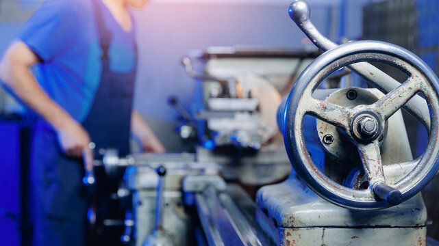 Concept factories for parts, fix workshops in garage banner. Mechanic worker use milling machine for manufacturing detail of truck