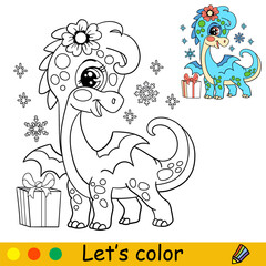 Coloring cute Christmas dragon girl vector illustration