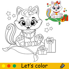Coloring cute kawaii kitten in Christmas hat vector illustration