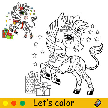 Coloring cute Christmas zebra with a gifts vector illustration