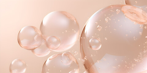 Transparent abstract soap bubbles on beige background 