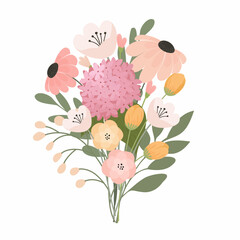 Spring bouquet. Various flowers in a bouquet. Hand drawn vector
