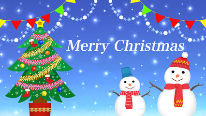 Fototapeta na wymiar おしゃれなクリスマスカード　クリスマスツリーと雪だるま　16:9 キラキラ雪景色　文字　ガーランド飾り
