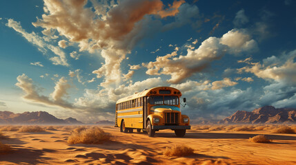 School bus against the sky and desert
