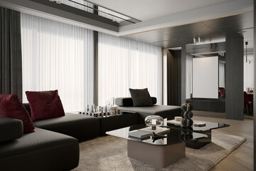 Black Modular sofa In front of a large window, Center table, exclusive stuff, 3D rendering