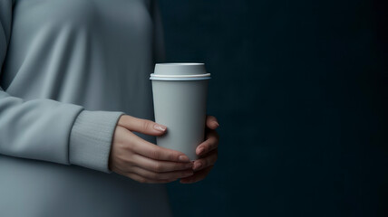 Woman holding a cup of coffee on a gray background