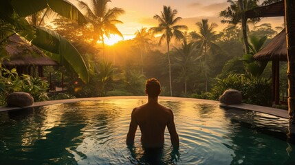 Traveler man on vacation in swimming pool at spa resort with tropical nature view at sunrise