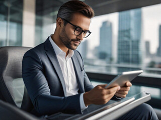 Highlight the convenience and portability of AI technology in data analysis by creating an image of a businessman using a tablet to analyze data while on-the-go, with a blurred urban background