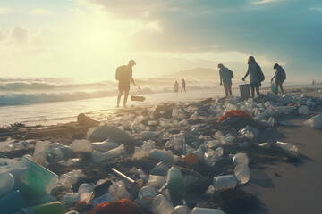 group of people walking on beach collecting trash - obrazy, fototapety, plakaty