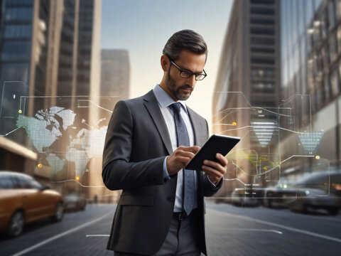Highlight the convenience and portability of AI technology in data analysis by creating an image of a businessman using a tablet to analyze data while on-the-go, with a blurred urban background