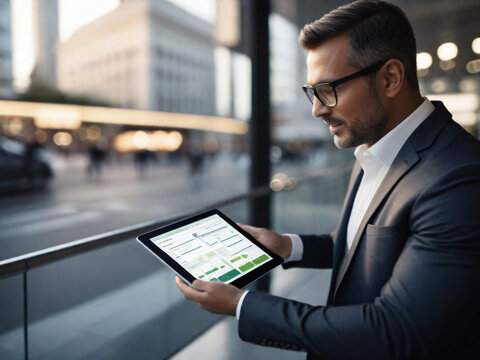 Highlight the convenience and portability of AI technology in data analysis by creating an image of a businessman using a tablet to analyze data while on-the-go, with a blurred urban background
