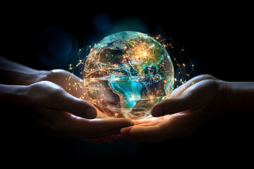 Connected World: Hands Holding Miniature Globe with Digital Network Lines Connecting Continents - obrazy, fototapety, plakaty