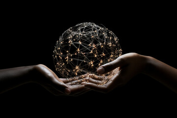 Connected World: Hands Holding Miniature Globe with Digital Network Lines Connecting Continents - obrazy, fototapety, plakaty