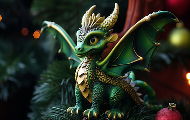 Fototapeta premium A cute little oriental green dragon is sitting on the branches of a Christmas tree
