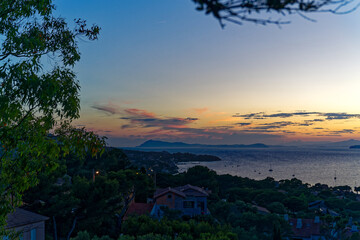 Scenic view from viewpoint at Giens Peninsula on a beautiful late spring evening with colorful sky, sunset and Mediterranean Sea in the background. Photo taken June 10th, 2023, Giens, Hyères, France.