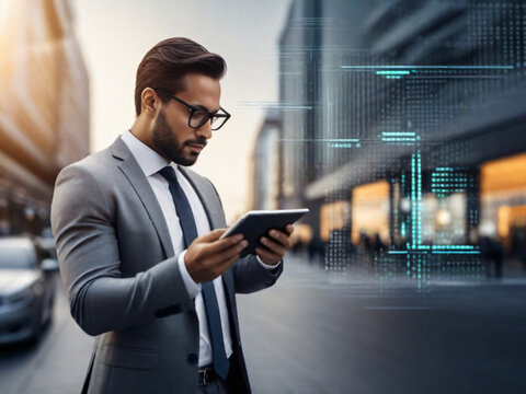 Highlight the convenience and portability of AI technology in data analysis by creating an image of a businessman using a tablet to analyze data while on-the-go, with a blurred urban background