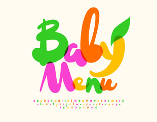 Vector artistic template Baby Menu. Funny playful Font. Creative watercolor Alphabet Letters and Numbers set