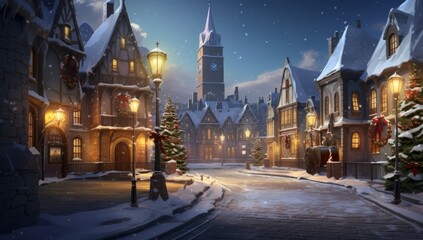 Fototapeta na wymiar A Serene Winter Scene: Snowy Street with Majestic Clock Tower in the Background