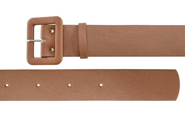 Brown leather belt isolated on a white background. Top view.