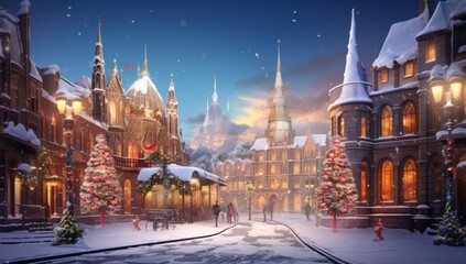 A Festive Christmas Train Chugging Through Snowy Winter Landscape - obrazy, fototapety, plakaty