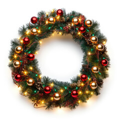 Fototapeta na wymiar Round Christmas wreath made of light bulbs on white background