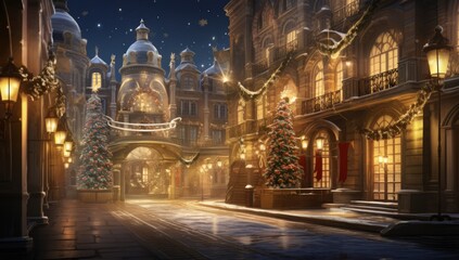 Obraz premium A Festive Winter Wonderland: Twinkling Lights, Snowy Streets, and Holiday Cheer