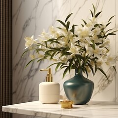 beautiful white vase with flowers on modern marble top , generated by AI