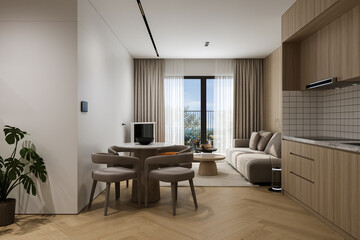 Obraz na płótnie Canvas Simple style Interior in trio space living, dining, and open kitchen in a studio apartment, 3D rendering