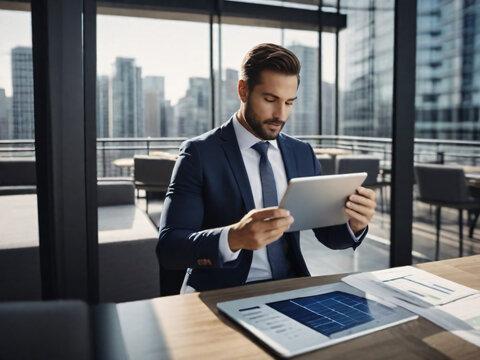 Highlight the convenience and portability of AI technology in data analysis by creating an image of a businessman using a tablet to analyze data while on-the-go, with a blurred urban background