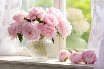 Morning sunshine coming through window onto vase filled with pink peonies
