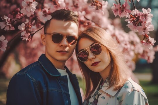Young couple with sunglasses posing in pink blooming park. Romantic lovers date photo on blossom orchard. Generate ai