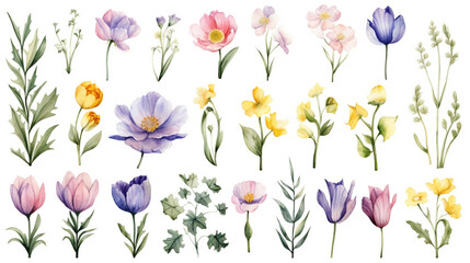 Set of watercolor spring flowers elements