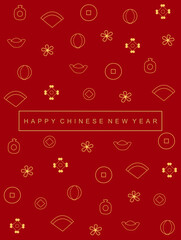 Red and gold Chinese new year with outline pattern of lucky elements greeting card